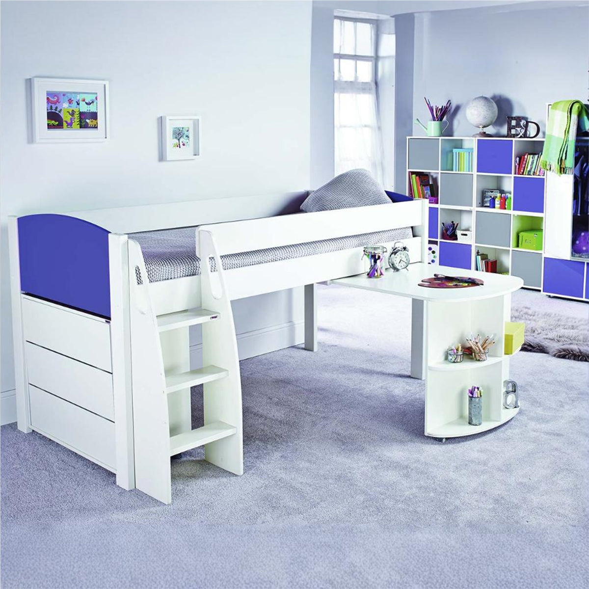 Stompa UNOS Mid Sleeper Blue Incl Pull Out Desk + 1 Chest Of Drawers
