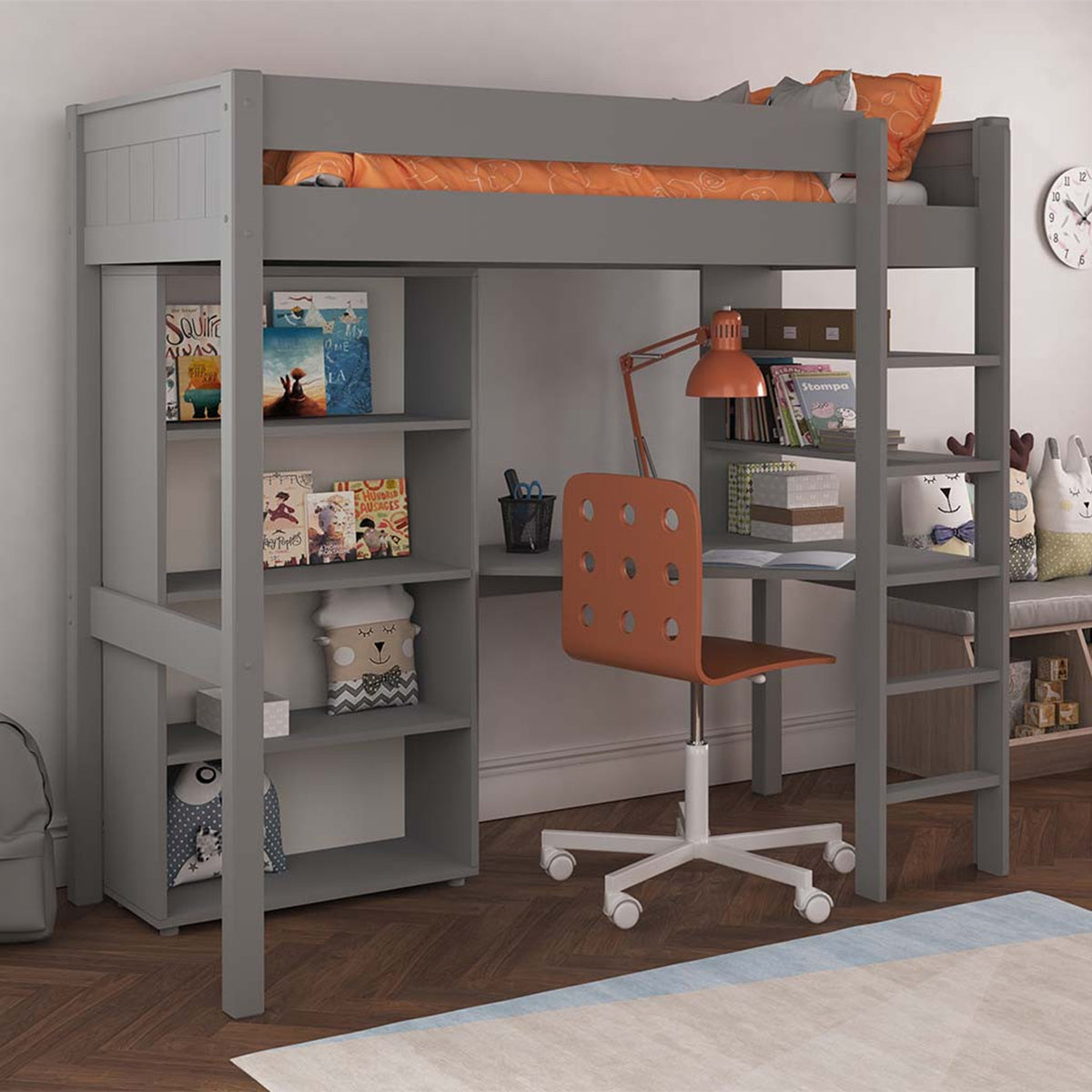 New Classic Highsleeper With Integrated Desk And Shelving And Tall Bookcase Grey