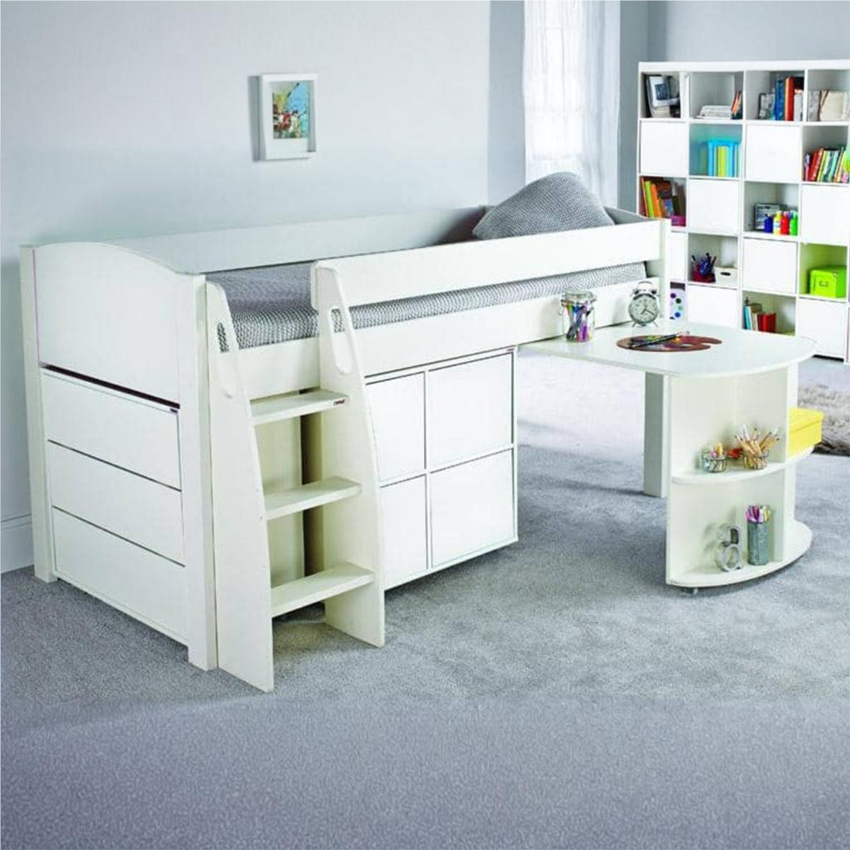 Stompa UNOS Mid Sleeper White Incl Pull Out Desk + 1 Multi Cube With 4 X White Doors+ 1 Chest Of Drawers