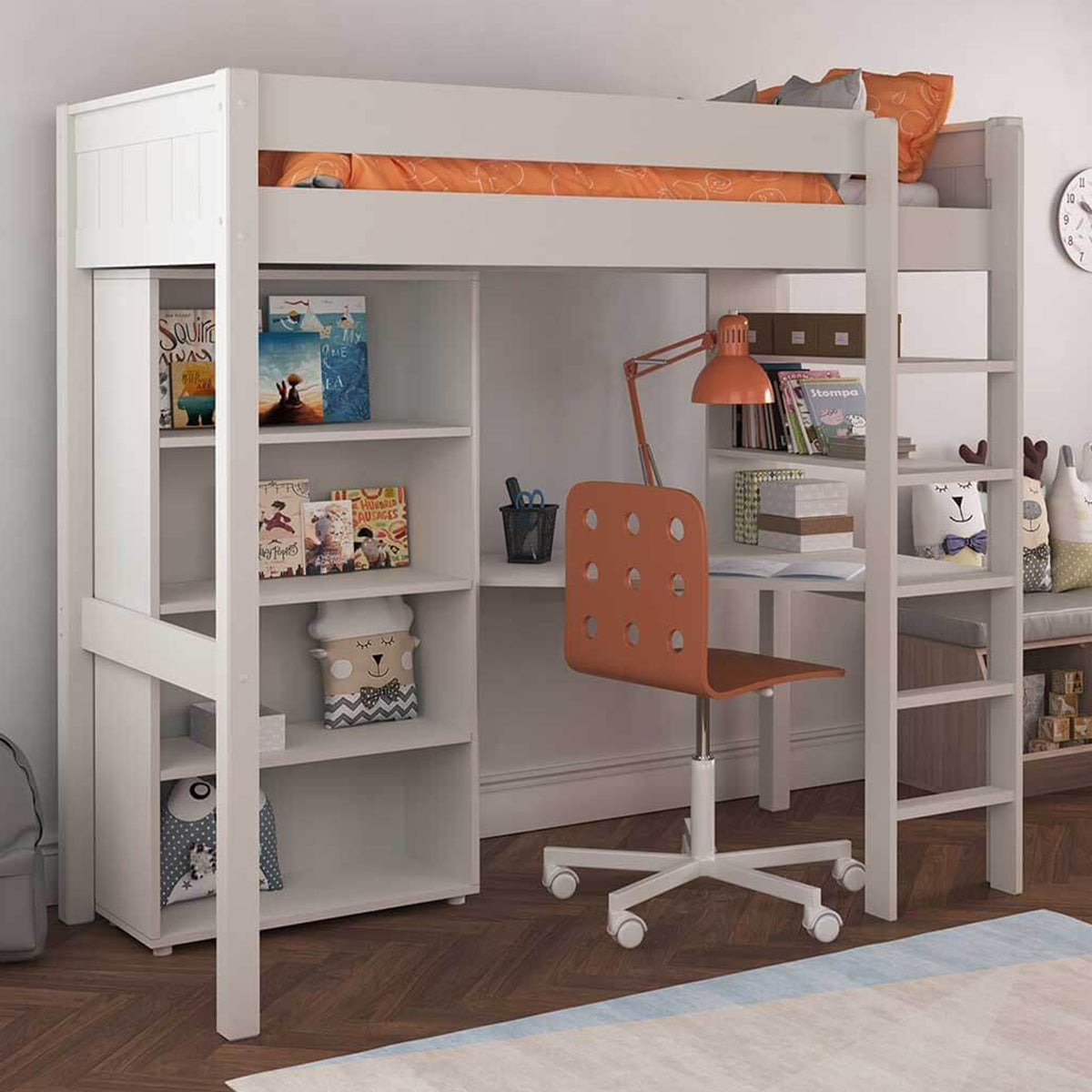 New Classic Highsleeper With Integrated Desk And Shelving And Tall Bookcase White