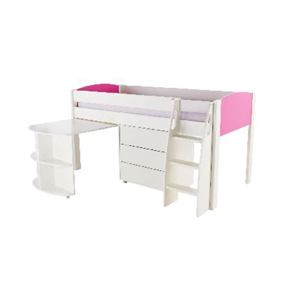 Stompa UNOS Mid Sleeper Pink Incl Pull Out Desk + 1 Chest Of Drawers