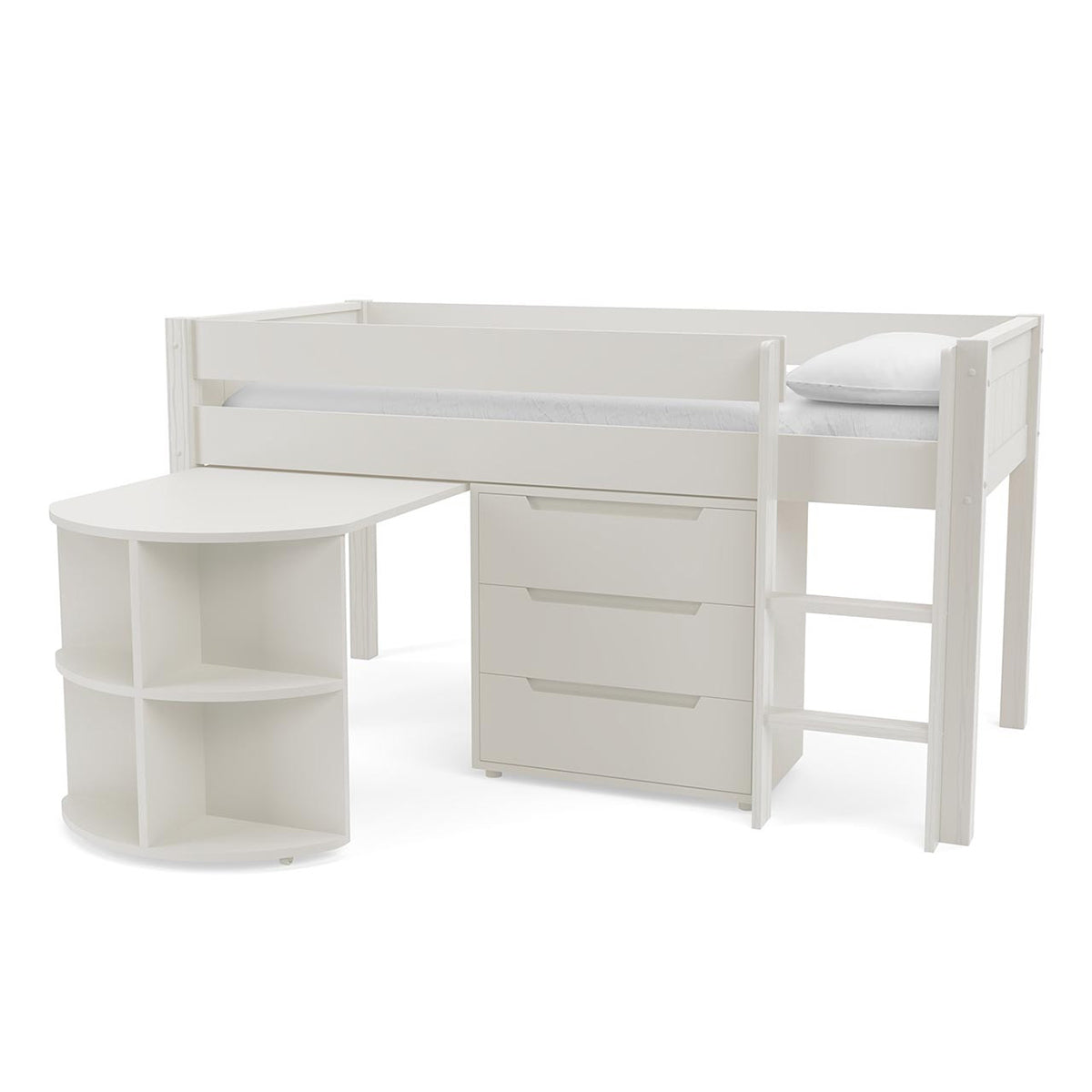 New Classic Midsleeper With Pull Out Desk And 3 Drawer Chest White