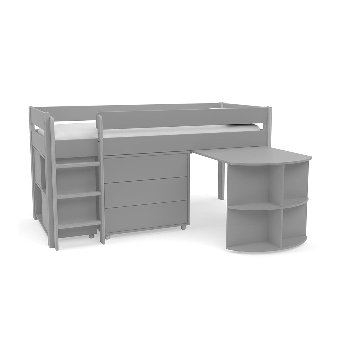 Uno Grey Midsleeper With Pull Out Desk And 3 Drawer Chest And Cube Unit