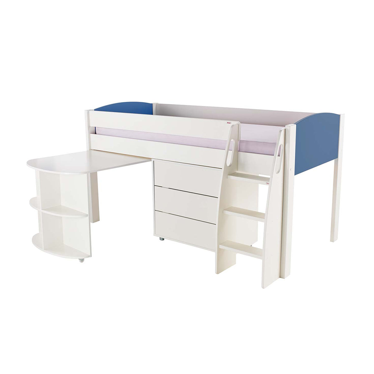 Stompa UNOS Mid Sleeper Blue Incl Pull Out Desk + 1 Chest Of Drawers