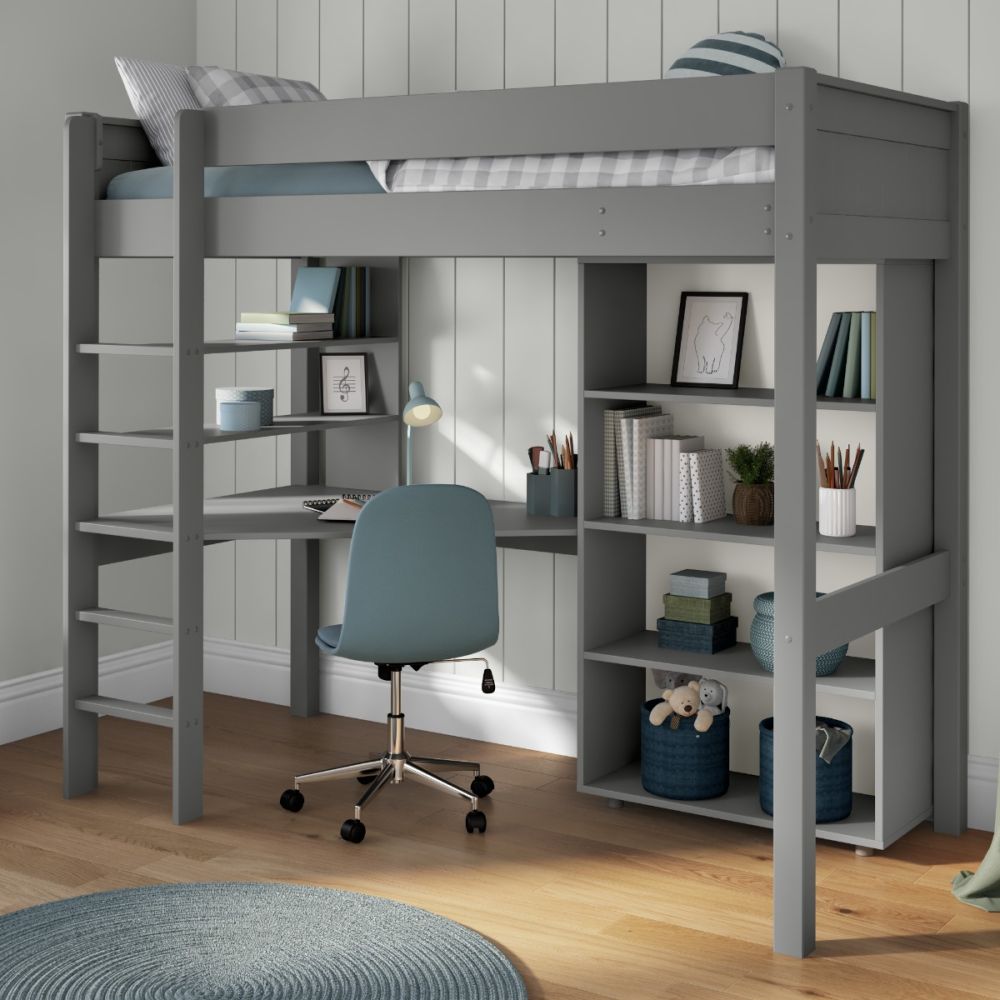 New Classic Highsleeper With Integrated Desk And Shelving And Tall Bookcase Grey
