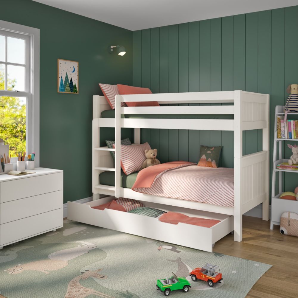 New Classic Bunk Bed With Trundle Drawer White