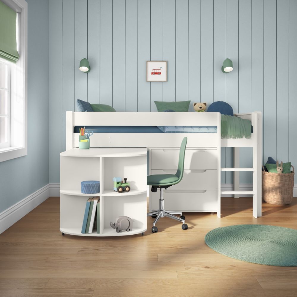 New Classic Midsleeper With Pull Out Desk And 3 Drawer Chest White