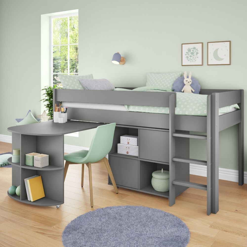 Uno Grey Midsleeper With Pull Out Desk And Cube Unit