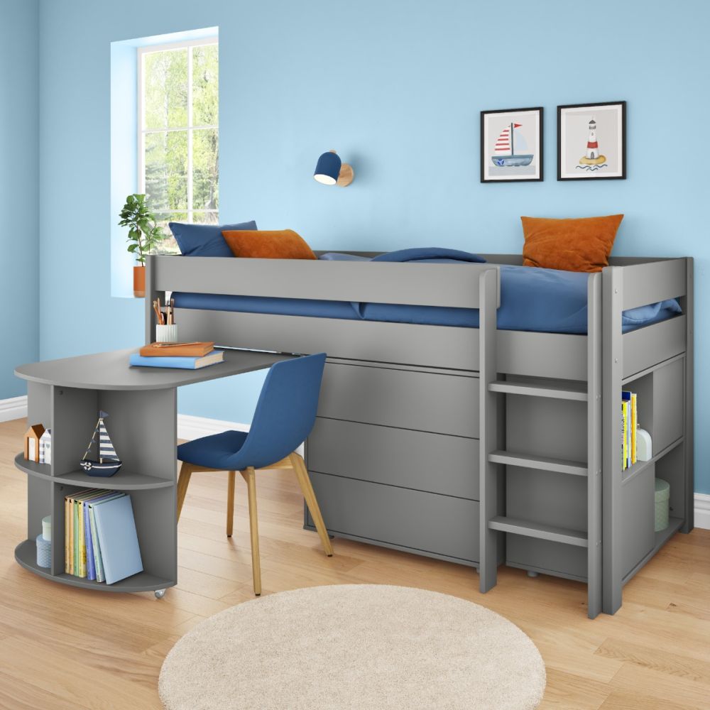 Uno Grey Midsleeper With Pull Out Desk And 3 Drawer Chest And Cube Unit