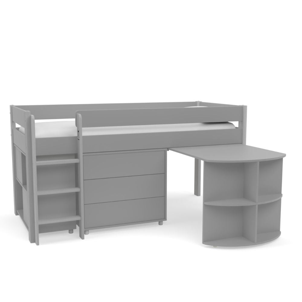 Uno Grey Midsleeper With Pull Out Desk And 3 Drawer Chest And Cube Unit