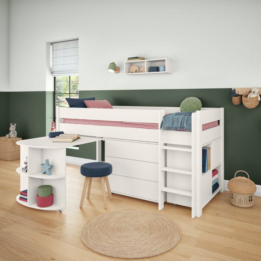 Uno White Midsleeper With Pull Out Desk And 3 Drawer Chest And Cube Unit