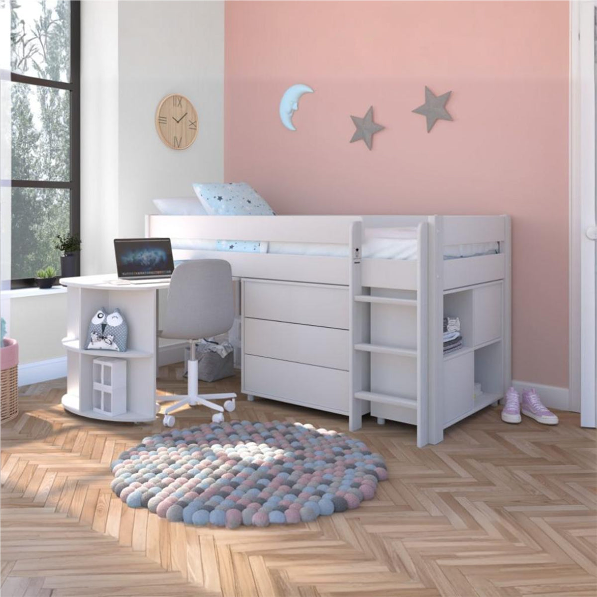 Uno White Midsleeper With Pull Out Desk And 3 Drawer Chest And Cube Unit