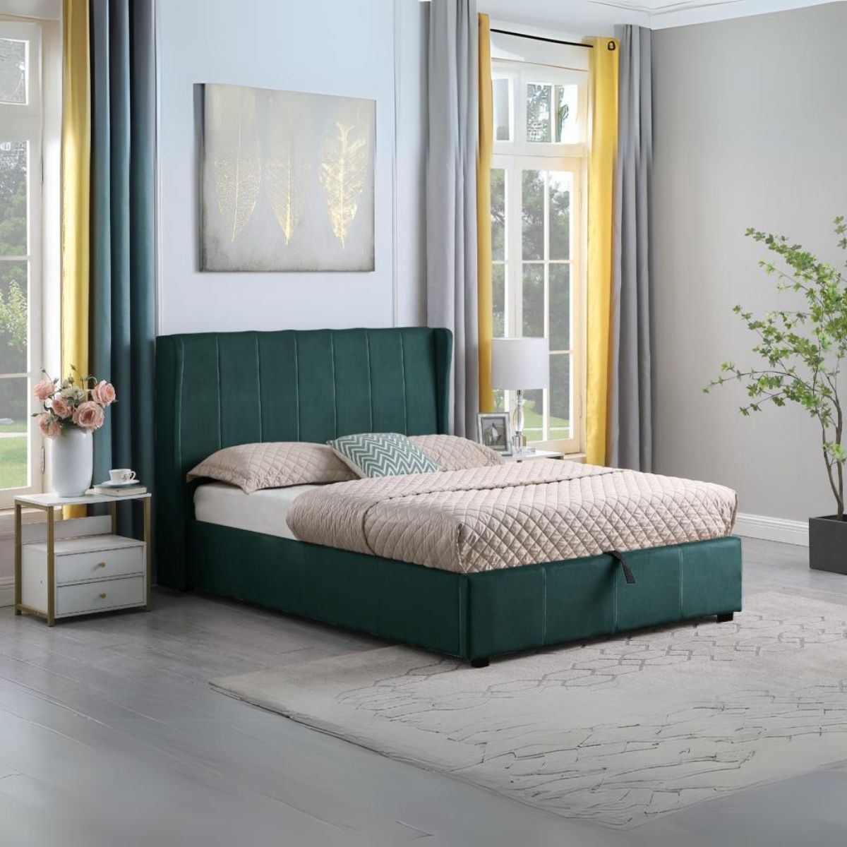 Amelia Plus 4FT6 Storage Bed - Green Velvet Fabric