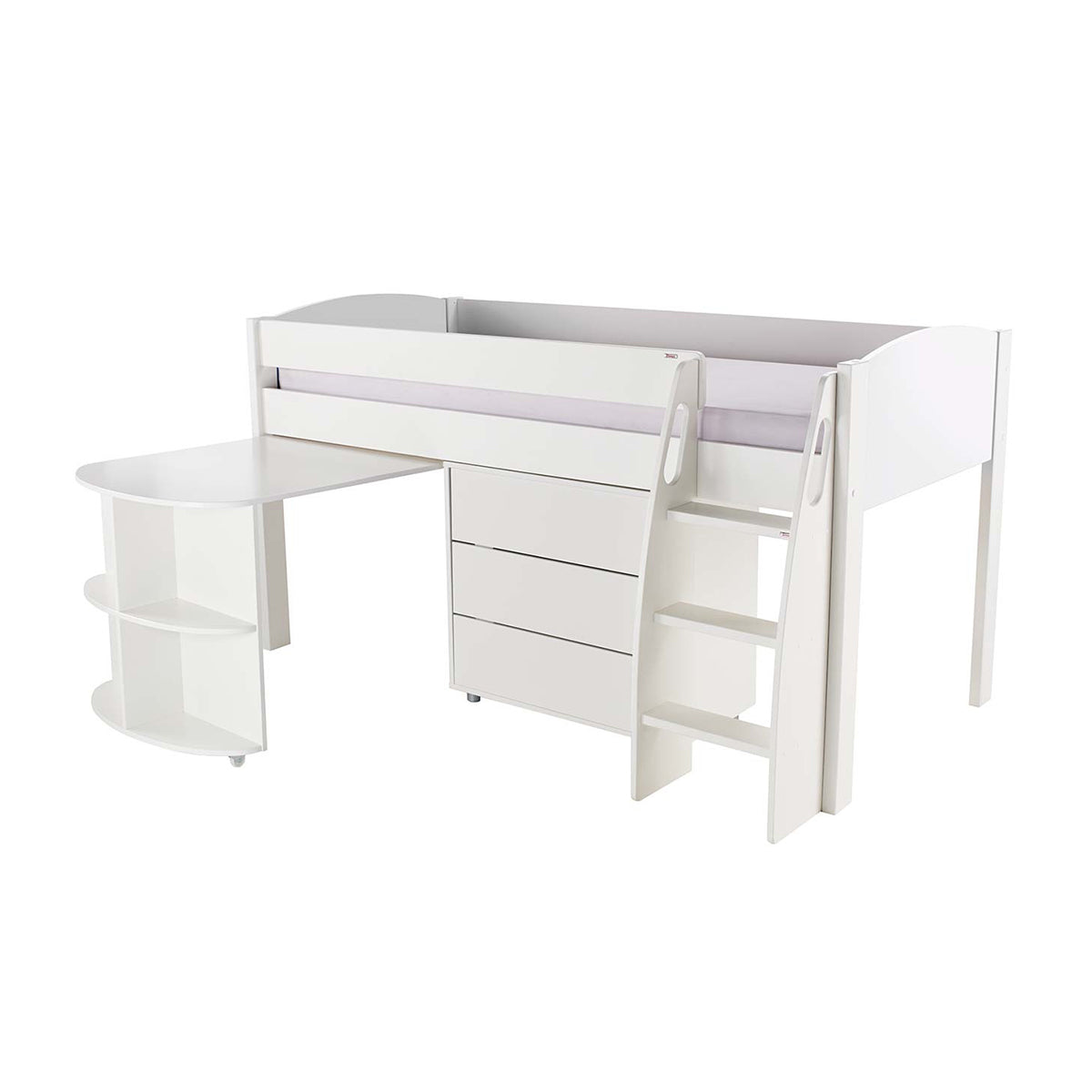 Stompa UNOS Mid Sleeper White Incl Pull Out Desk + 1 Chest Of Drawers