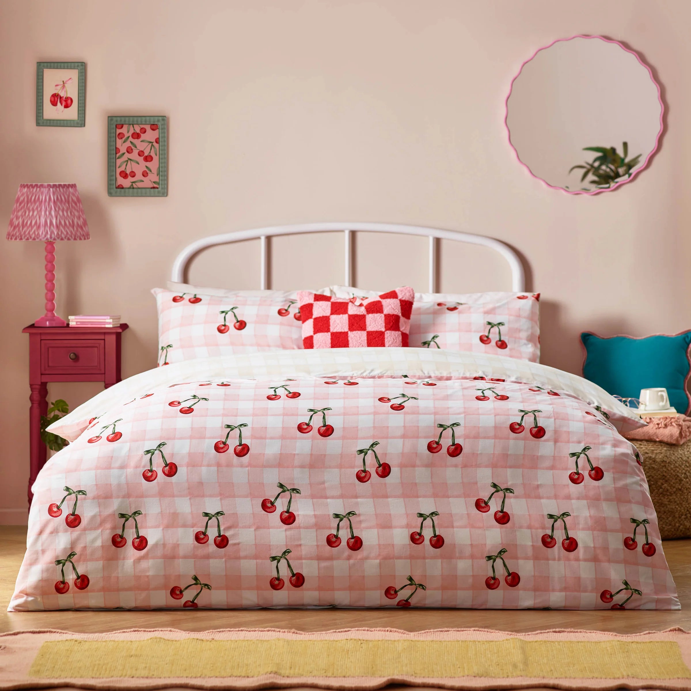 Cherry Gingham Printed Duvet Cover Set Pink