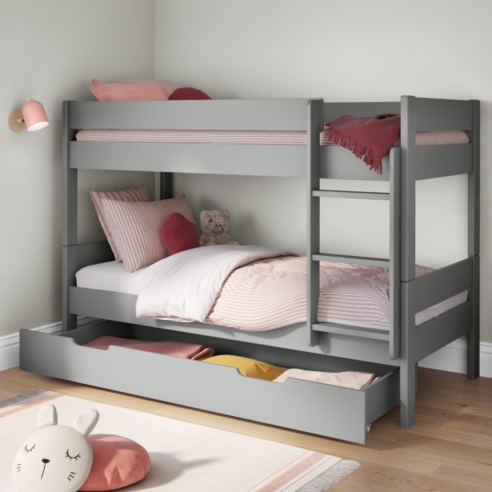 Compact Bunk Bed With Trundle Drawer And Trundle Mattress Grey