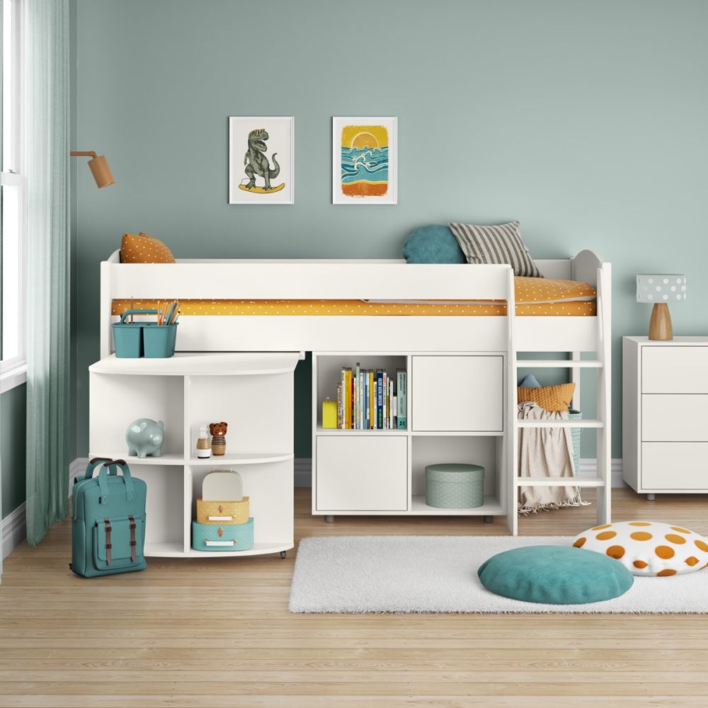 Uno White Midsleeper With Pull Out Desk And Cube Unit