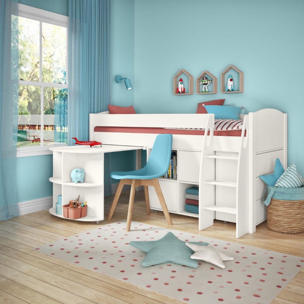 Stompa UNOS Mid Sleeper White Incl Pull Out Desk + 1 Multi Cube With 4 X White Doors+ 1 Chest Of Drawers